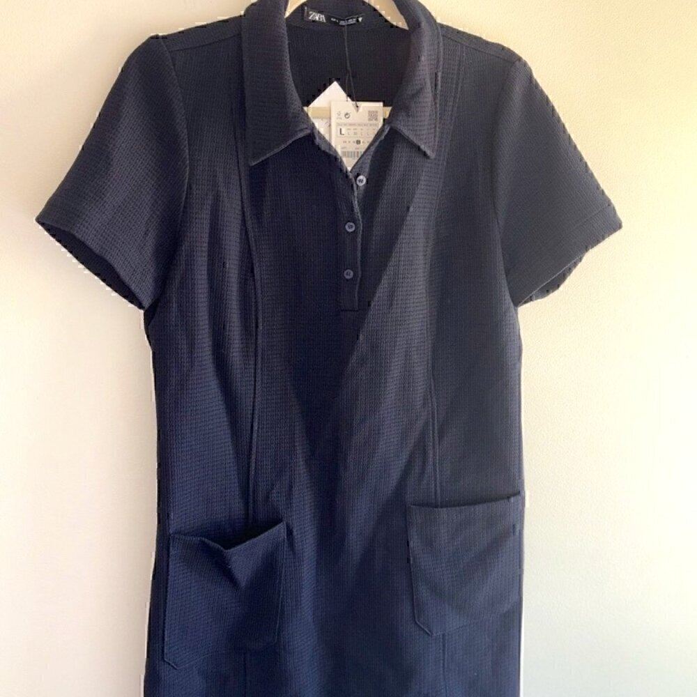 NEW WITH TAGS Zara Navy Blue Polo Dress Half Button Pockets Work size Large